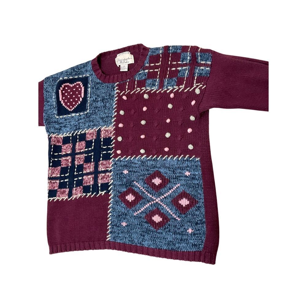 VTG 90s Christopher & Banks Patchwork Womens Sweater Size Medium Hand Embroided - Picture 3 of 9
